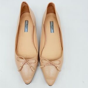 Prada Beige/ Nude Saffiano Leather Logo bowtie embellished Ballet flats EU 37.5